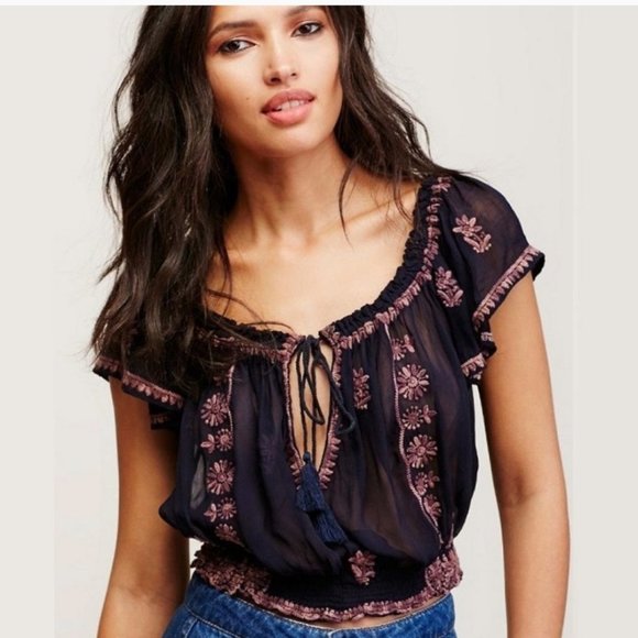 FREE PEOPLE Paisley Park Sheer Peasant Blouse - Picture 2 of 16